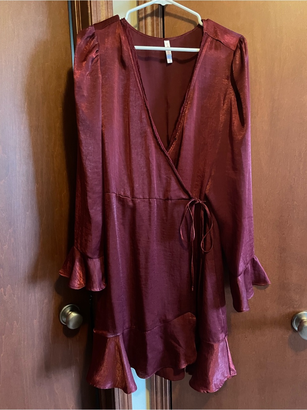 Xhilaration Burgundy Satin-Look Long Sleeve Wrap Dress